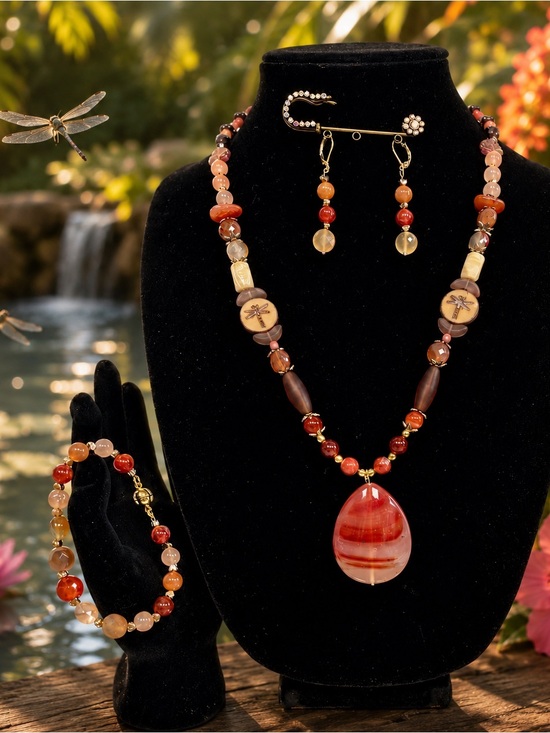 Artisan Crafted Jewelry - Dragonfly 3pc. Jewelry Set - Carnelian Agate, Faceted Peacock Agate, Peach Glass
